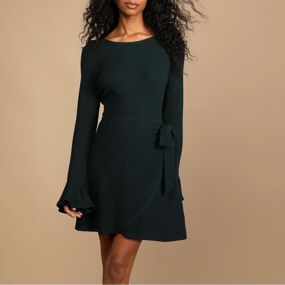 Lulus Favorite Tune Black Faux Wrap Long Sleeve Sweater Dress Size Medium, Large